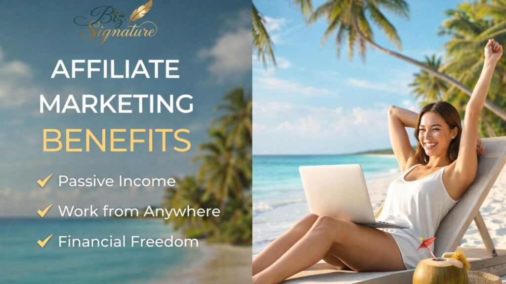 Affiliate marketing benefits illustrated by a woman working remotely on a laptop in a beach setting.