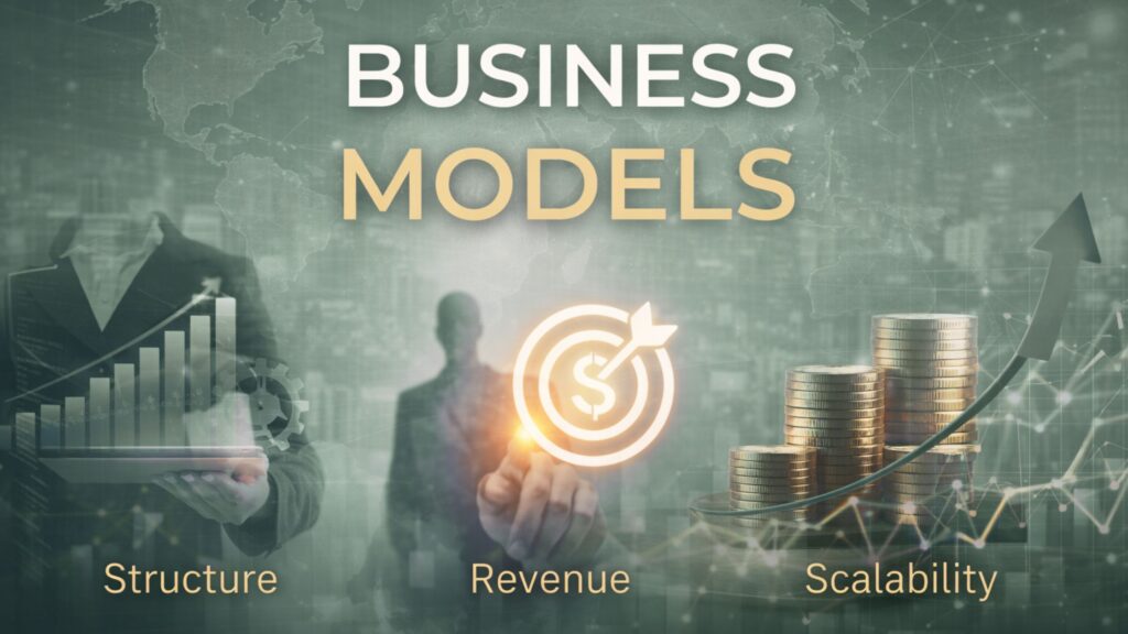 Business models framework showing how different online business models connect structure, revenue, and scalability.