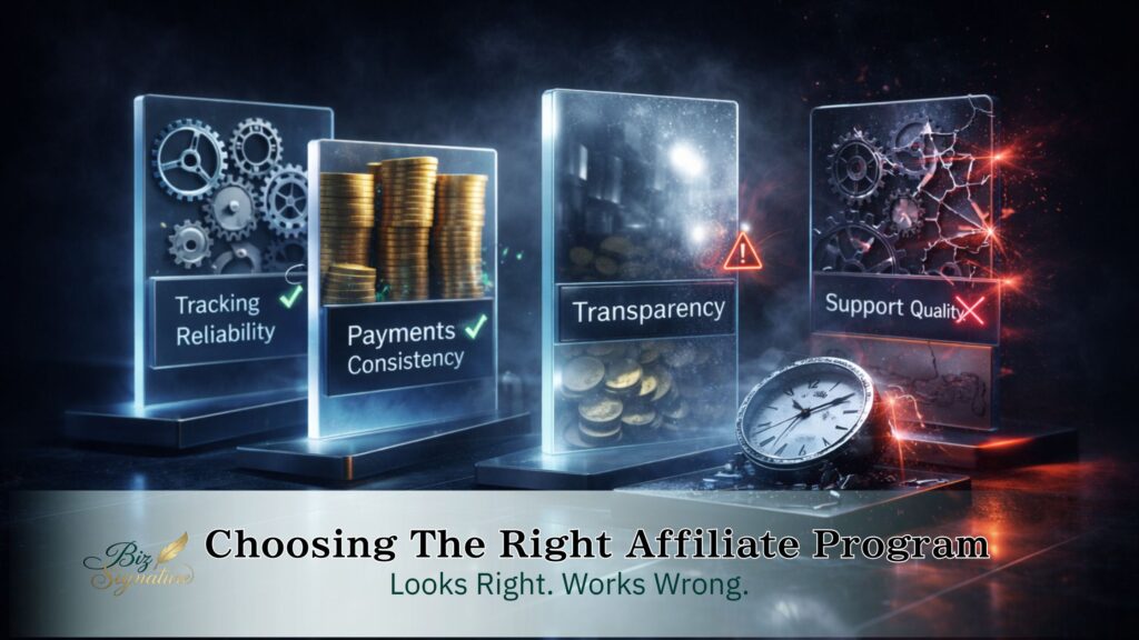 Visual comparison highlighting key factors involved in choosing the right affiliate program, including tracking reliability, payment consistency, transparency issues, and support quality.