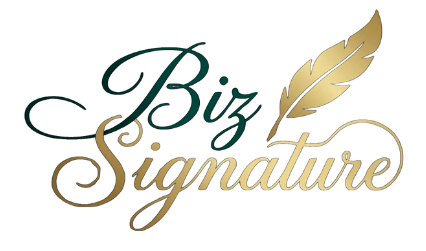 Biz Signature logo with green and gold lettering, and gold feather symbol.